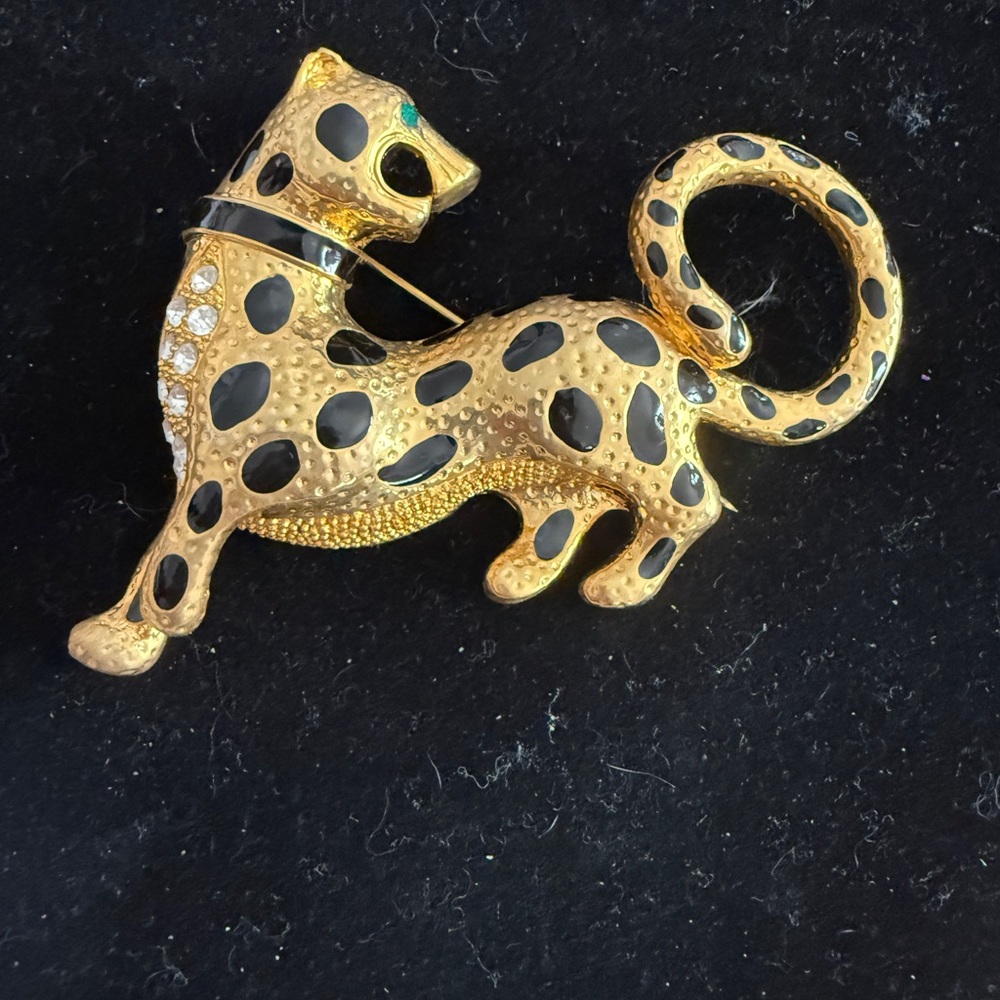 Vintage Gold and Black Leopard Brooch with Emerald Eye